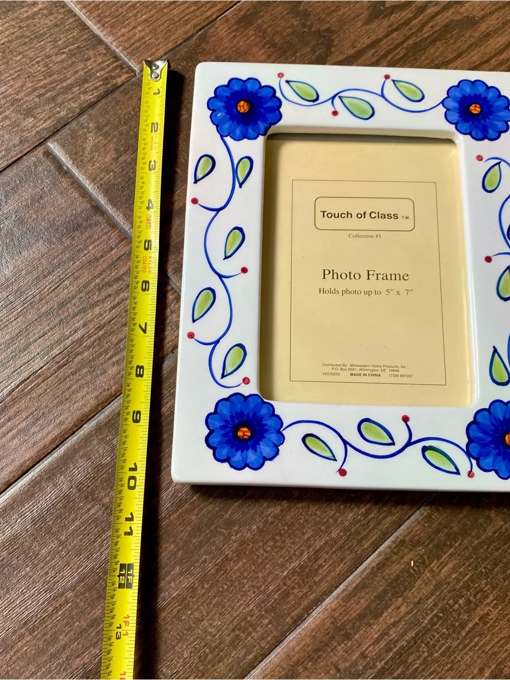 White Ceramic Photo Frame with Blue Floral Design